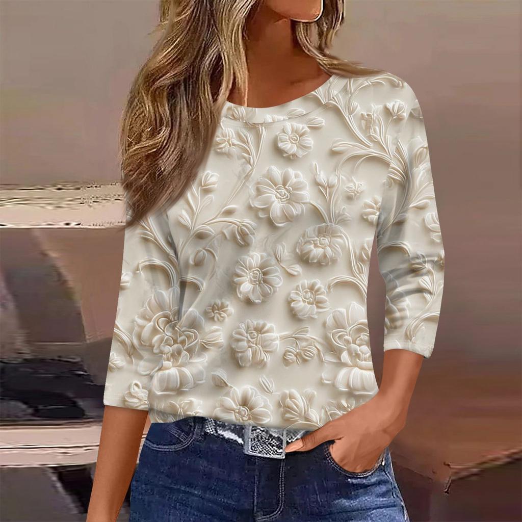 Women's Fashion Casual Round Neck 3/4 Sleeve Loose  Printed T-Shirt Ladies Top