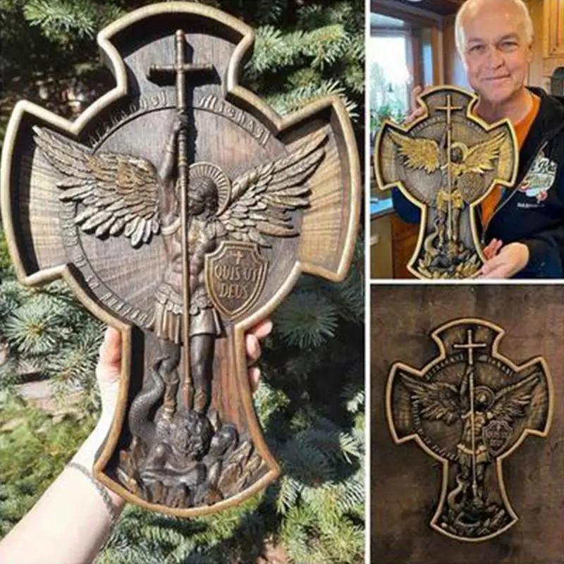 Archangel St. Michael Catholic Statue Redeemer Angel Cross Resin Handicrafts Home Bedroom Wall Hanging Decoration China Mainland