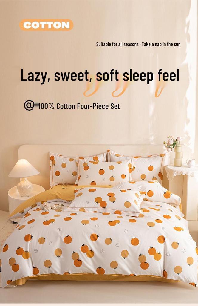 Fresh Orange 100% Cotton Four-Piece Bedding Set - Duvet Cover & Bed Sheet for Student Dorms and Homes