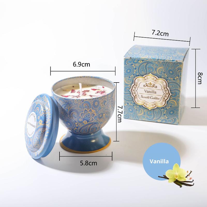 

Natural Smokeless Soy Wax Candle In Iron Tin Dried Floral Scented Candles Champagne Flute Style Home Fragrance as the picture