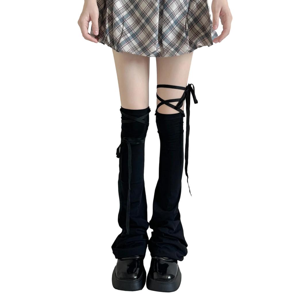 Y2k Women Leg Warmer Soft Solid Color Over The Knee Tie-up Thigh-high Leg Warmers Socks for Party Street