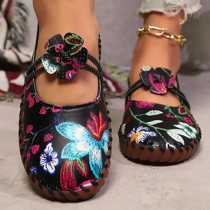Fashion Floral Embroider Flats for Women Plus Size Print Pu Leather Platform Loafers Woman 2025 Summer Soft Sole Non Slip Casual Shoes