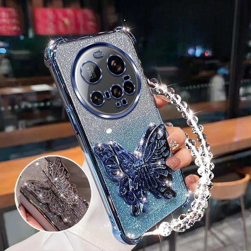 Shockproof Glitter Plating Case for Xiaomi 15 Ultra 14 14T 13 12 11 Pro Lite 3D Butterfly Phone Holder Bead bracelet Back Cover