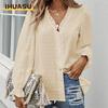 Women's Fashion Casual Solid Color Print V-Neck Long Sleeve Blouses & Shirts