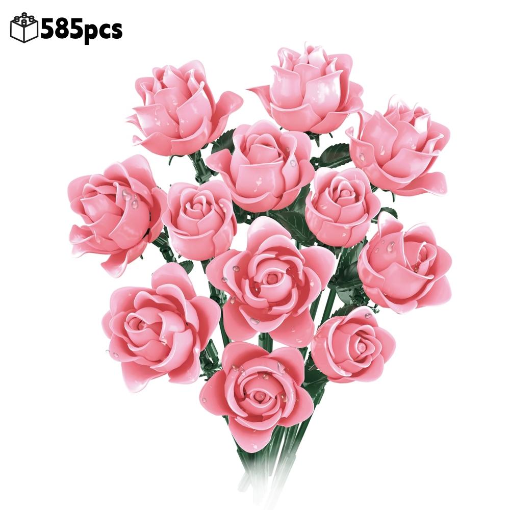 585Pcs Gothic Black Pink Blue Rose Flower Bouquet Building Blocks Set Creative Decoration Valentine Gift Idea Beautiful Box