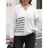 Women Plus Size Color Block Striped Polo Neck Long Sleeve Loose Pullover Knit Sweater