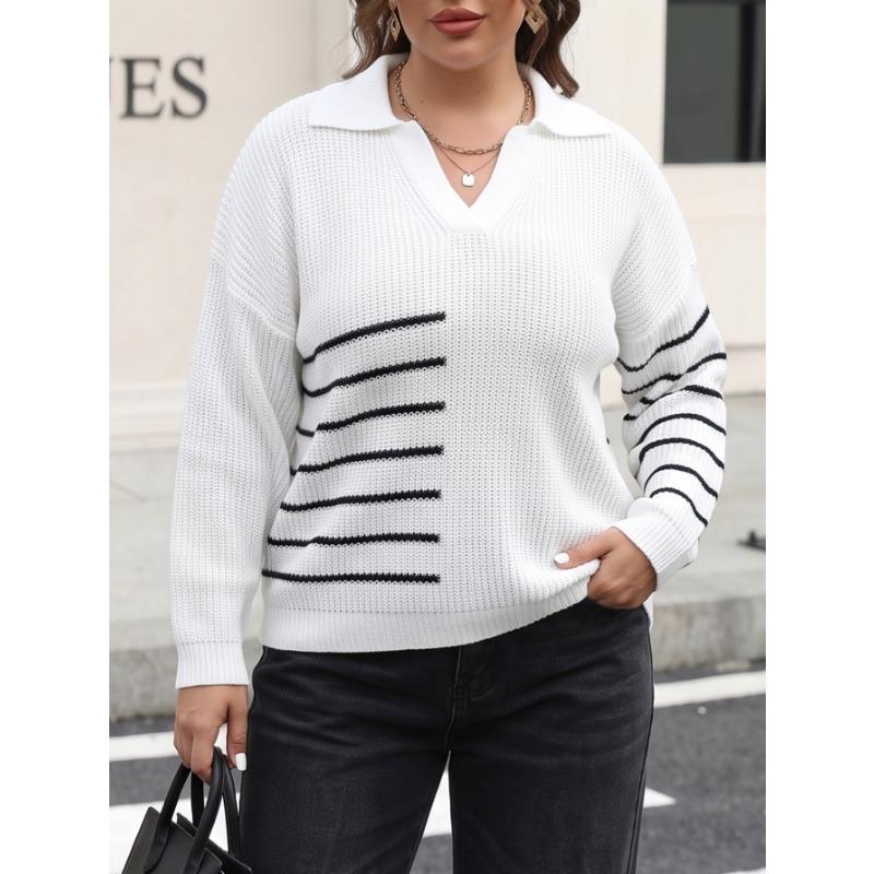 Women Plus Size Color Block Striped Polo Neck Long Sleeve Loose Pullover Knit Sweater