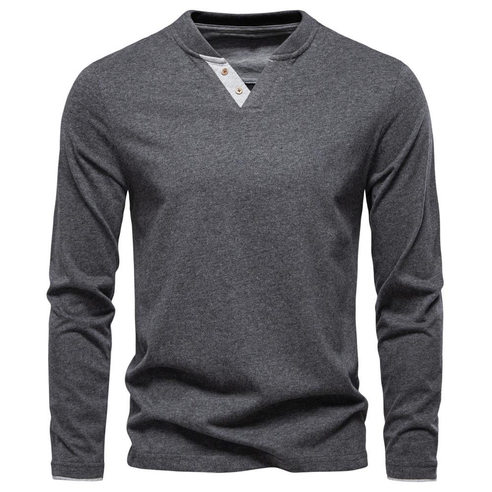 2025 Autumn New Men's Fashion Color Cotton Solid Color Long Sleeve T-shirt V-neck Casual Men's Top T-shirt