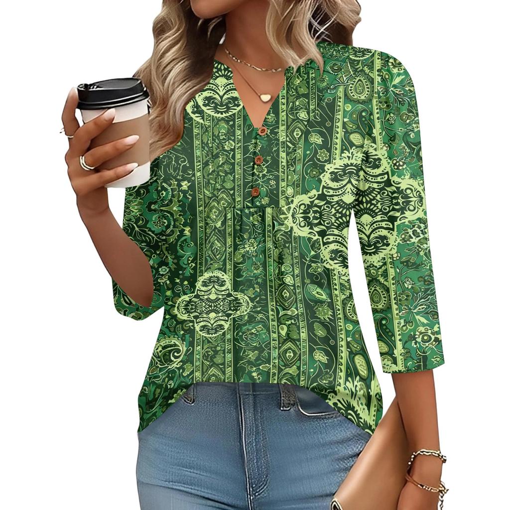 Women’s Relaxed Fit Three Quarter Sleeve Top with Vintage Inspired Pattern Comfortable Lightweight Fabric Stylish Design
