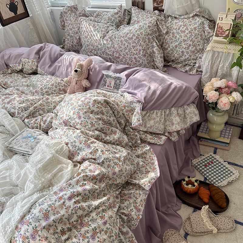 Floral Bedding Set Four-piece Romantic Skin-friendly Breathable Comfortable Washed Sheets Quilt Cover Pillowcase