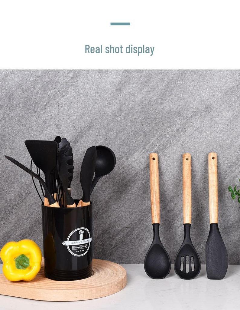 12-Piece Silicone Kitchen Tool Set: High-Temp Resistant Non-Stick Utensils with Wooden Handles, Includes Spatulas and Soup Ladle