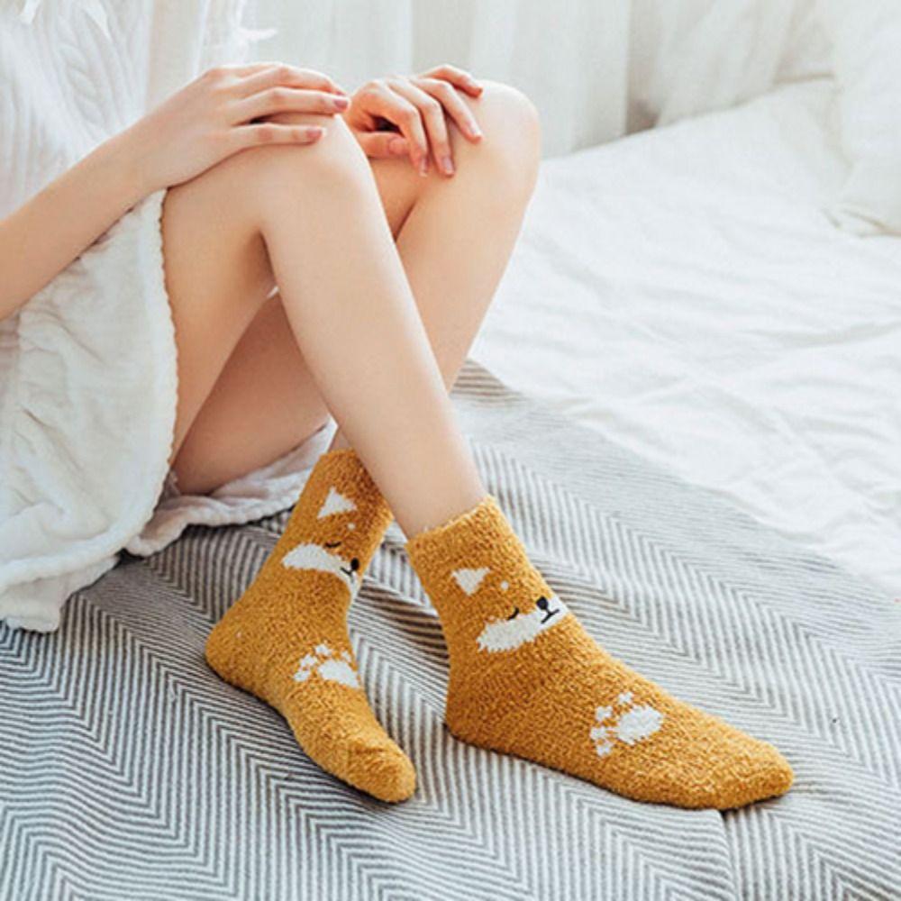 5pairs Panda Cat Coral Fleece Socks Pig Dog Sleeping Socks Women Animals Fleece Socks Fall/Winter