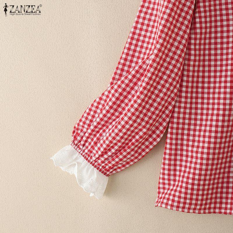 ZANZEA Women Floral Splice Doll Collar Casual Long Sleeve Plaid Print Blouse