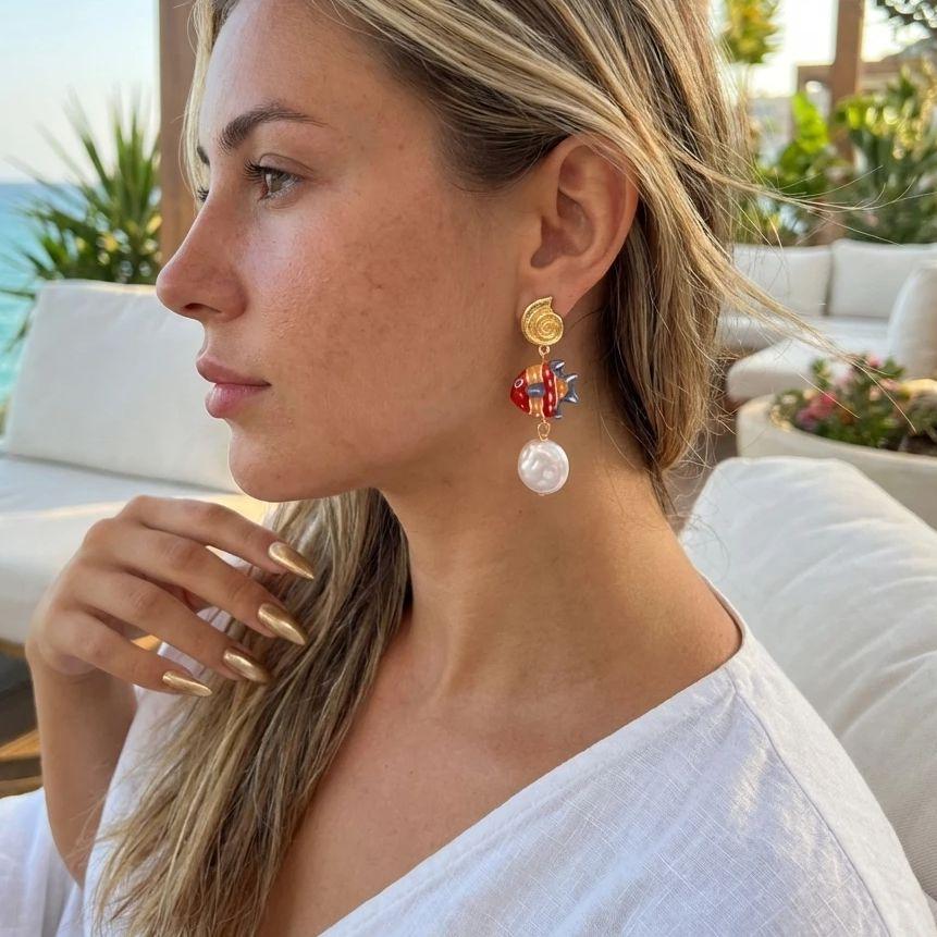 Summer Beach Tropical Ceramic Fish Earrings For Women Gold Plated Metal Conch Shell Baroque Pearl Dangle Earring Party Jewelry