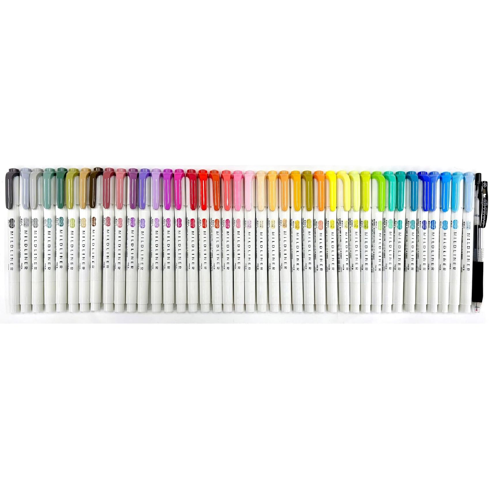 Набор маркеров-хайлайтеров Zebra Mildliner Soft Color, двусторонние, 40 цветов, assorted, с ручкой-клипом Sarasa Black 0.5 мм и оригинальным виниловым пеналом