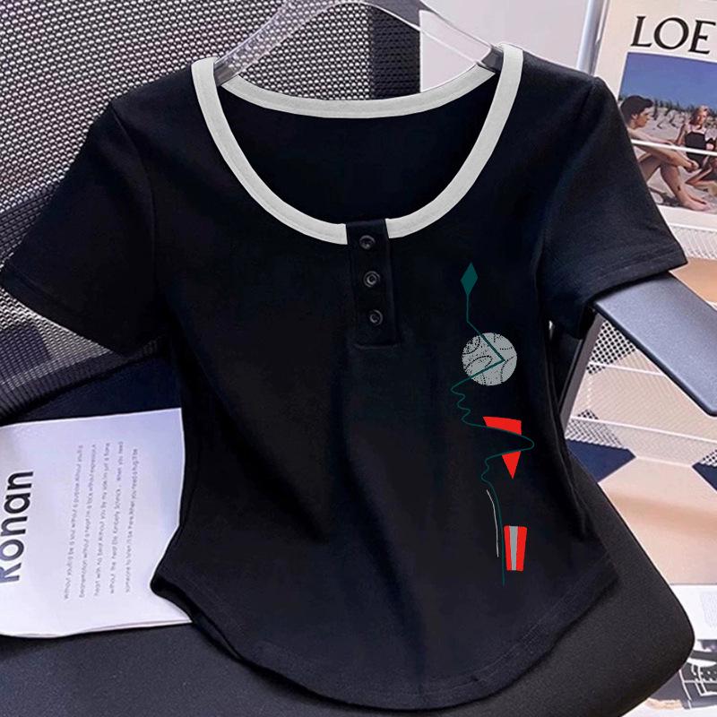 

Женская 2025 Большого размера Хлопковая футболка с коротким рукавом для похудения - Скрывающая живот Нестандартный крой XL [115-125 lbs]