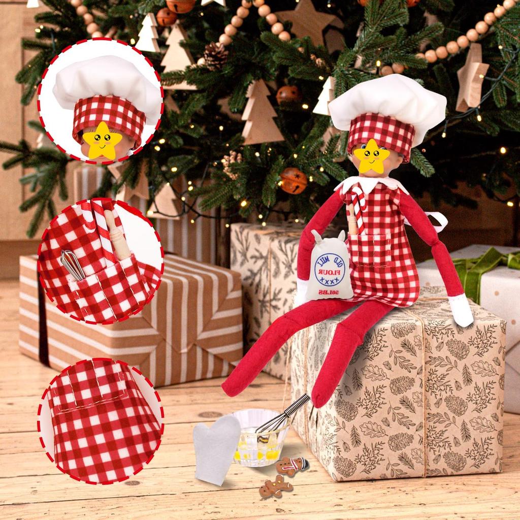 Mini Apron Clothing for Doll Christmas Elf Doll Baker Set Elf Chef Clothing Dress up Accessories Including Chef Hat,Rolling Pin,Egg Beater,Baking
