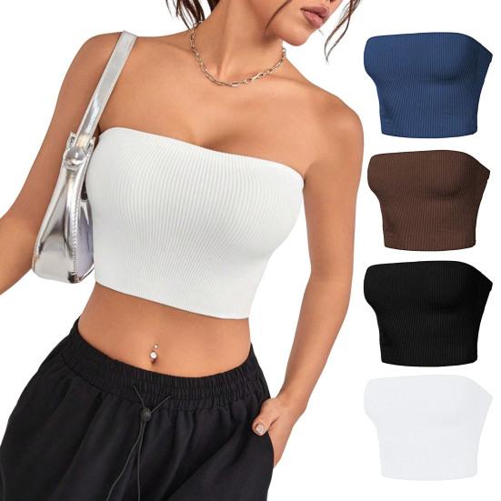 Women Ribbed Vest High Elasticity Anti-slip Bandeau Strapless Sleeveless Backless Tank Top Sweat Absorption Quick-drying Cropped Top
