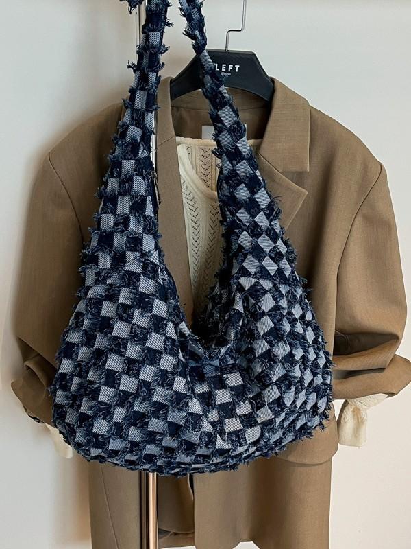 Denim Plaid Shoulder Bag With Zipper Closure For Casual Urban Style