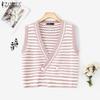 ZANZEA Women V Neck Sleeveless Stitching Striped Cropped Knitted Sweater Vest Waistcoat