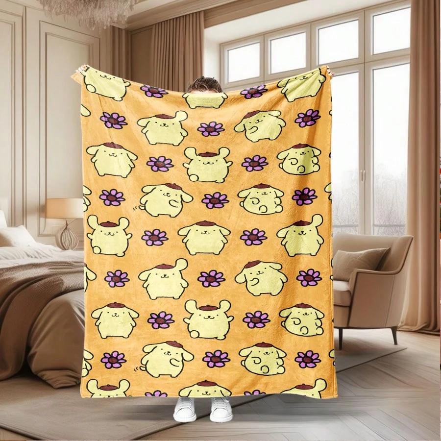 

1pc Sanrio Pompompurin Floral Flannel Blanket 2D Print All Season Bedroom Living Room Camping Throw Gift 75cmx90cm