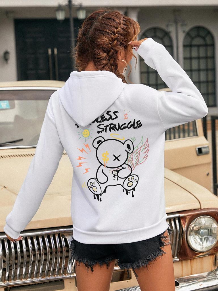 Graffiti Little Bear With Wings Print Hoodies Women Autumn Casual Hoodie Street Fashion Hoody Autumn Warm Fleece Pullover Female