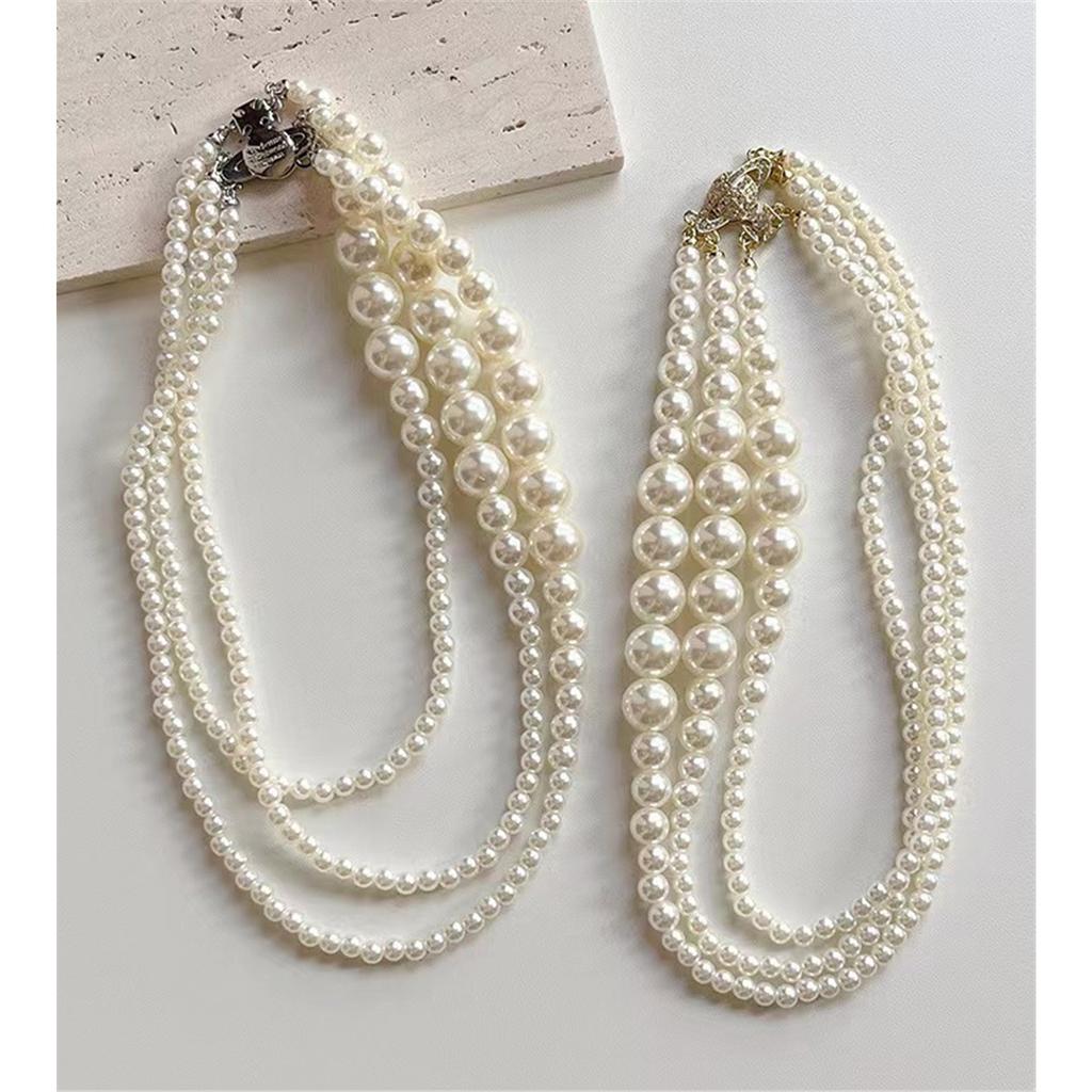 Tooxika Triple Gradient Pearl Magnetic Clasp Saturn Necklace Luxury Collar Chain For Women