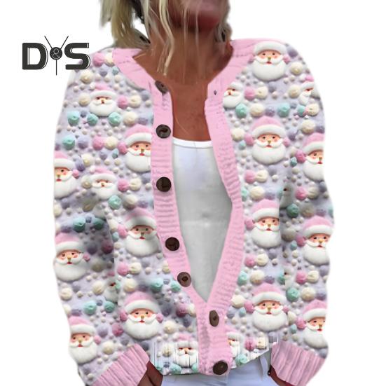 Jachetă cardigan pentru femei, imprimare 3D de Crăciun, cu un singur piept, gât rotund, mâneci lungi, pulover pentru școală de vacanță și navetă