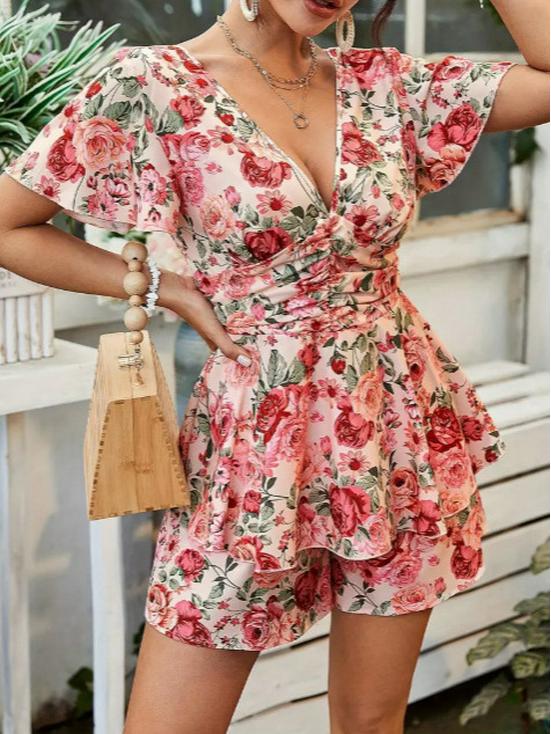 2025 European & American V-neck Floral Zipper Romper Dress