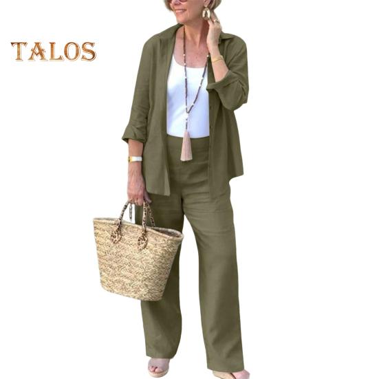 2-teiliges Set mit Hemd und Hose für Damen, lockeres Revers, einreihig, mittellange Langarmbluse, hohe elastische Taille, Hose mit weitem Bein, Alltagskleidung