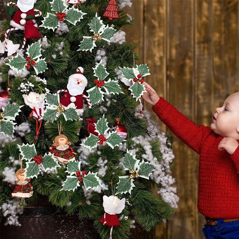 50/5Pcs Christmas Holly Leaves Artificial Red Berries DIY Christmas Flower Wreath Decoration for Home Xmas New Year Gifts Decor