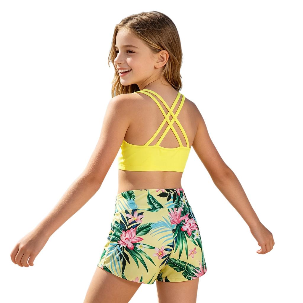 Set Sportivo per Ragazze 2 Pezzi Scollo a U Spalline Sottili Top Corto Incrociato sulla Schiena con Ampia Vita Elastica Pantaloncini con Stampa Gigli Rosa per Palestra Yoga Corsa