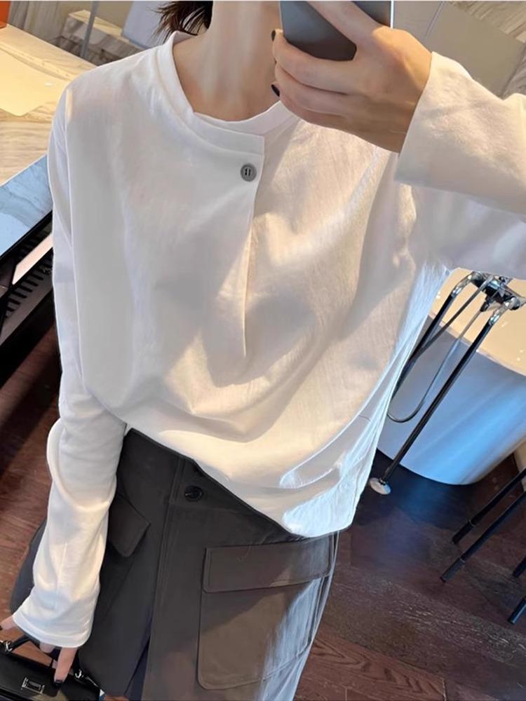 

Новая модная женская белая футболка с длинным рукавом в европейском стиле, 2025: Прямое плечо, Свободный крой, Ленивый дизайн M
