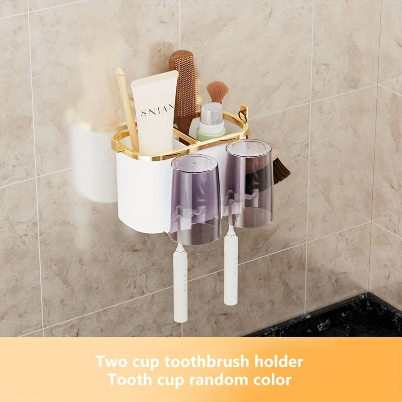 Wall-Mounted Toothbrush & Cup Holder Set With Toothpaste Dispenser Multifunctional Bathroom Organizer For Mouthwash & Toothpaste Storage, Easy Install