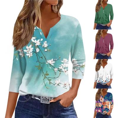 Women's T Shirt Tee Print Button 3/4 Sleeve Daily Weekend Fashion Basic V Neck Regular Top