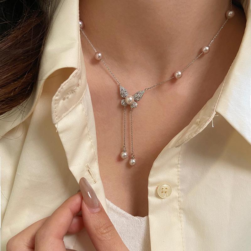 Bead Butterfly Tassel Necklace Light Luxury High Sense Stacking Wear Long Thin Collarbone Chain Necklace