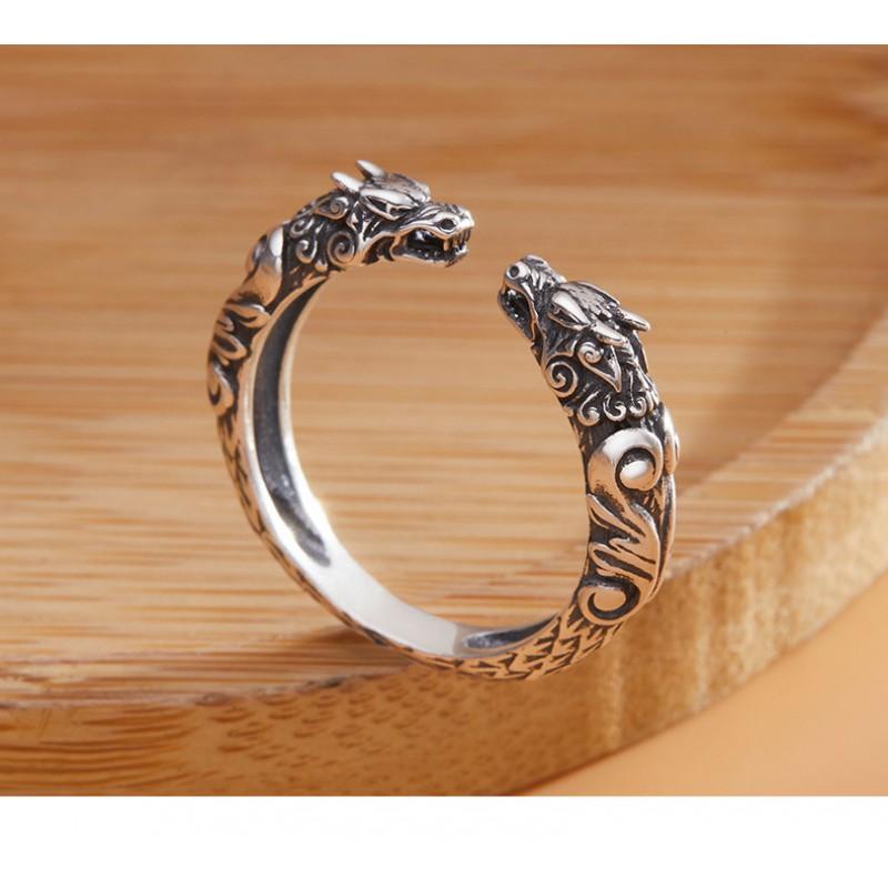 Adjustable Open Ring With Dual Dragon Motif Vintage Style Plated Men Women Fashion Jewelry Of