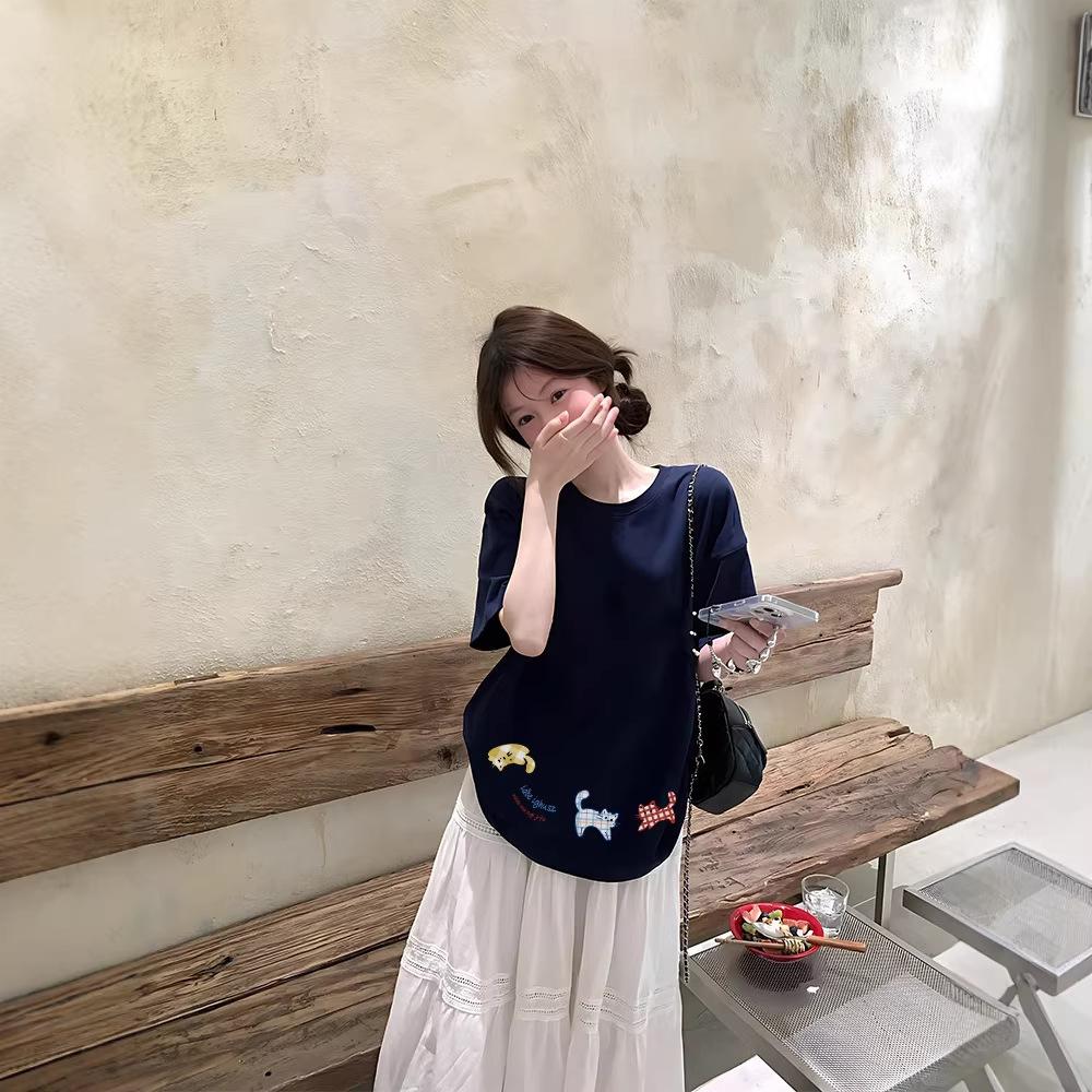 Cotton Short-sleeved T-shirt Women's Loose Cartoon Lazy Style Niche Design Sense Versatile Half-sleeved Trendy T-shirt Top Summer