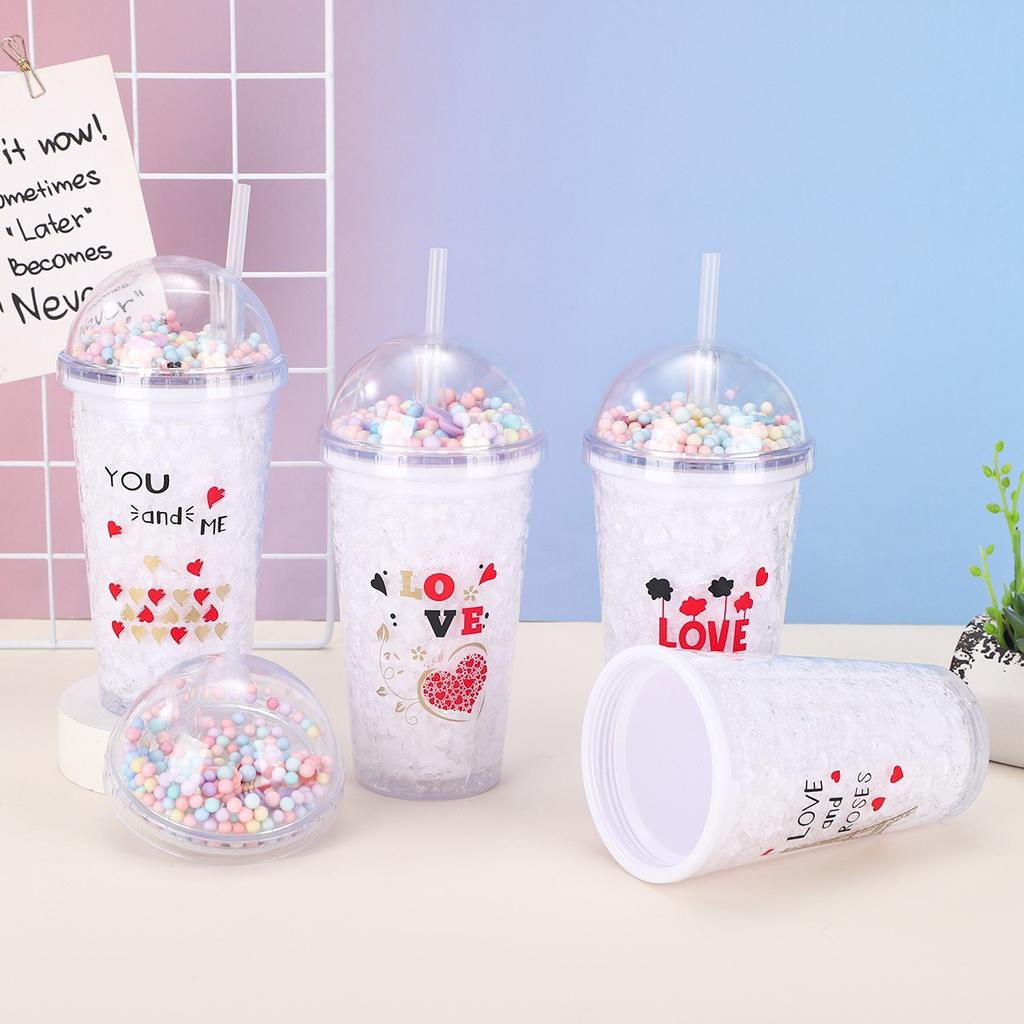 Water bottle summer snowflake starry sky plastic cup net red with lid with straw water cup creative high value outdoor broken ice cup