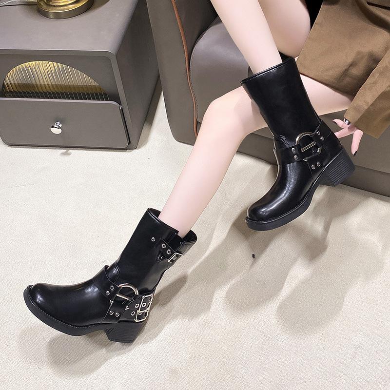 2025 braune Lederstiefel Britischer Stil dicker Absatz Retro Martin Stiefel Damen Sommer Frühling und Herbst Ritterstiefel Cowboy Western neu