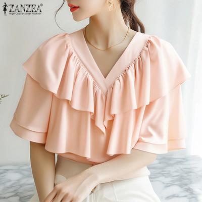 Damen Sommer Rüschen V-Ausschnitt Locker Lässig Kurzarm Bluse