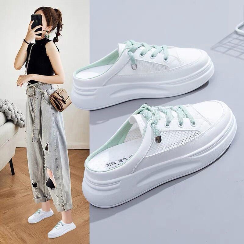 2025 spring and summer new little white shoes women's shoes platform outer wear without heel mesh casual shoes bag head half slippers women