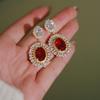Vintage French Royal Oval Red Cubic Zirconia Double Layer Halo Dangle Drop Earrings Luxury Wedding Women Ear Jewelry