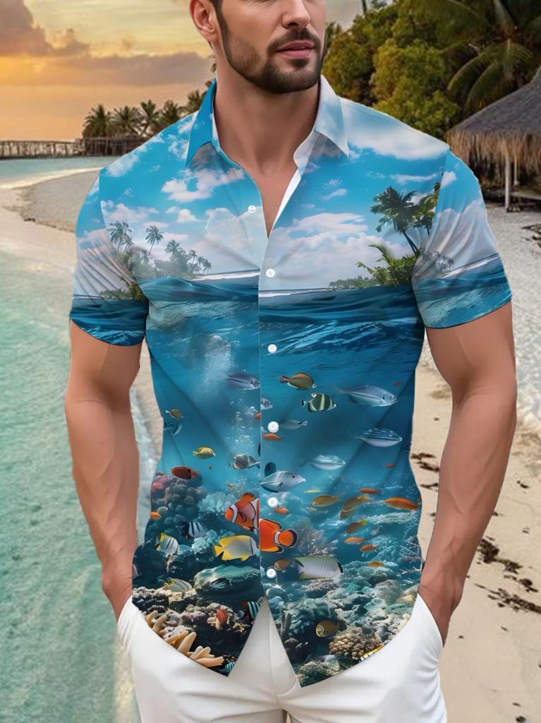 Herren Hawaiihemd mit Haifisch- und Fischmuster, kurzärmelig, Knopfleiste - Lockerer Kragen, Ganzkörper-Design mit tropischen Fischen und Korallenriff, Hawaii-Meeres-Thema für