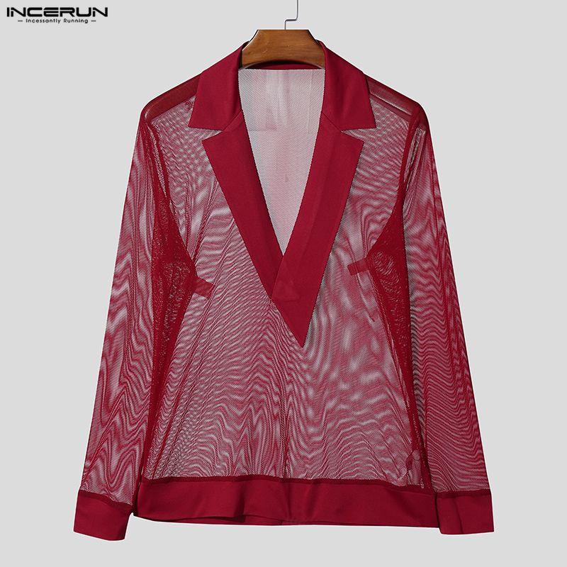 INCERUN Men V Neck Long Sleeve Mesh Sheer Hollow Out Fitted Party T-shirts