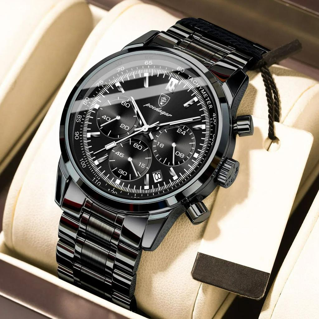 POEDAGAR Luxus Herrenuhr Wasserdicht Chronograph Leuchtende Armbanduhr Edelstahl Herren Quarz Uhr Lässige Uhr