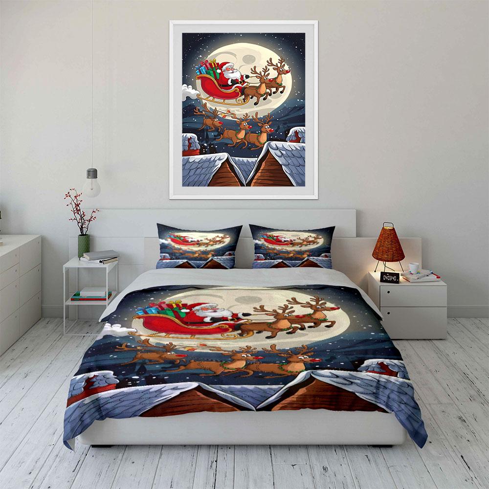 Santa and Reindeer Flying Scene Bedding Duvet Cover Set Duvet Cover Pillowcases (1*Duvet Cover 2*Pillowcases, Without Duvet Insert)