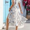 Printed Dress Women A Line Short Sleeved Lace Up Spring Summer S-XL