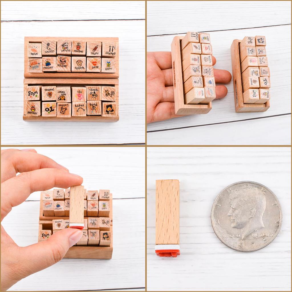 WANDIC Rubber 24 2 Styles Mini Wooden Rubber Stamps with Diary Wooden Stamps for DIY Card and Scrapbooking and Stamps, Pieces, Crafts, Making, (Travel