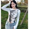 2KWEIRD Harajuku Mosaik Katt Tryck Kort Topp Casual Basisk Långärmad T-shirts Rund Hals Tight Passform T-shirts Y2K